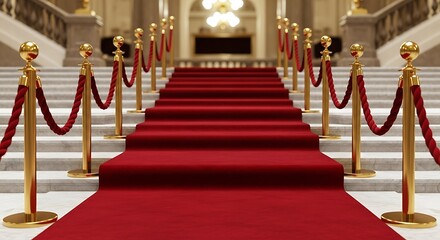 Red carpet leads to luxury interior with golden stanchions  grand staircase.