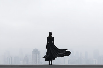 cityscape fashion, a woman on a rooftop, with a cape-like coat fluttering in the wind, embodies inner strength and ambition as she gazes at the city