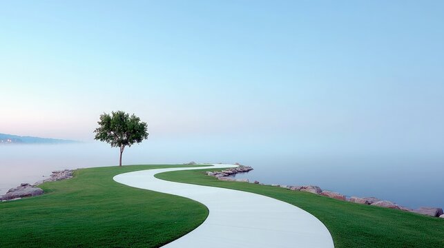 Tree Stands on Pathway by Lake at Dawn - Powered by Adobe