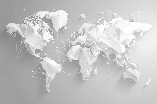Global White Polygon World Map with Lines and Dots on a Gray Background Global Network Conceptual Design