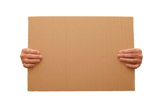 Posters of cardboard in his hands. Isolated on white. Copy space