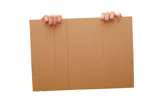 Posters of cardboard in his hands. Isolated on white. Copy space