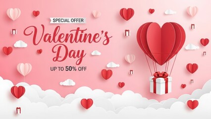 Valentine's day sale, hot air balloon heart and paper clouds