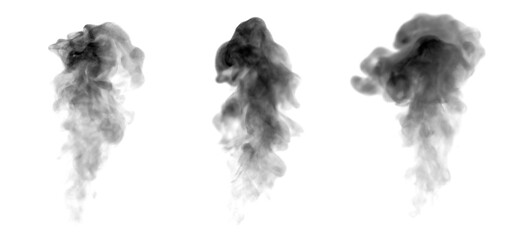 Realistic black smoke plumes isolated on a white background, showing soft swirling textures perfect for fire effects, industrial pollution concepts, visual effects design, creative photo compositing.