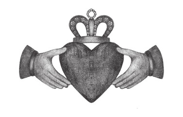 Claddagh ring symbol in vintage stipple style, with crowned heart held by two hands. Traditional Irish emblem of love, loyalty and friendship for tattoo art, heritage design and classic illustration.