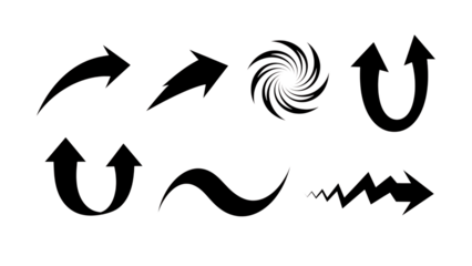 Set of six black arrows and swirls isolated on transparent background