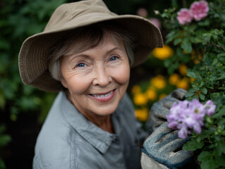 A joyful senior woman gardening wearing a sunhat.