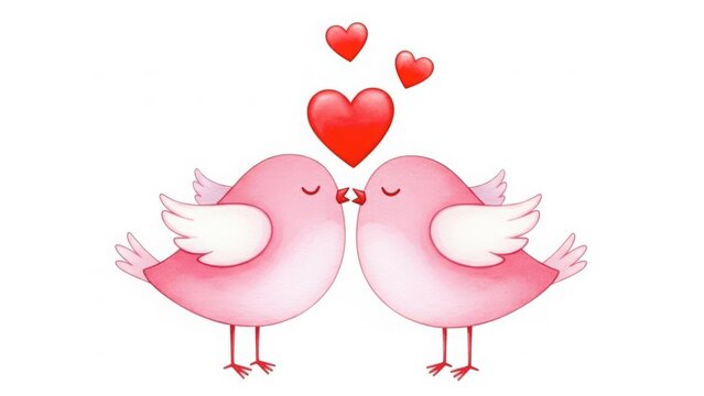 Pink lovebirds kissing with floating red hearts, sweet romance