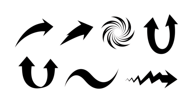 Set of six black arrows and swirls isolated on transparent background