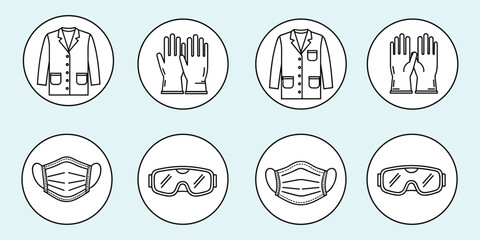 PPE icons, lab coat, gloves, face mask, safety goggles, protective gear, medical safety equipment, flat vector illustration