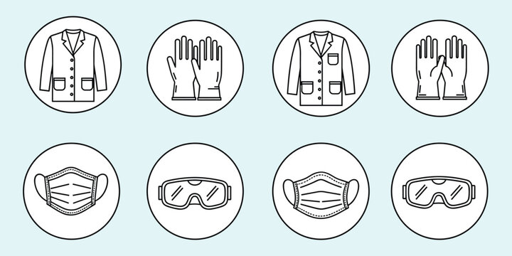 PPE icons, lab coat, gloves, face mask, safety goggles, protective gear, medical safety equipment, flat vector illustration