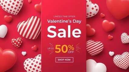 Valentine's day sale with decorative red and white 3d hearts