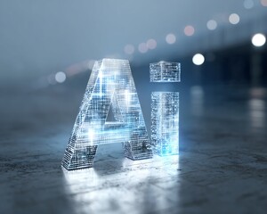 Glowing Futuristic Ai Text on Concrete Surface in Cityscape Ambience