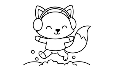 Happy fox listening to music: adorable outline drawing for coloring fun