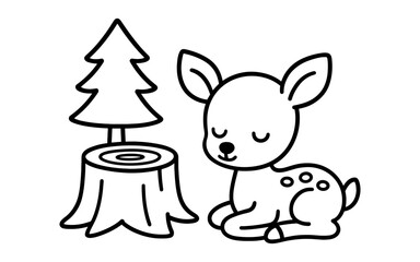 Obraz premium Cute outline of resting fawn beside tree stump for kids' coloring books