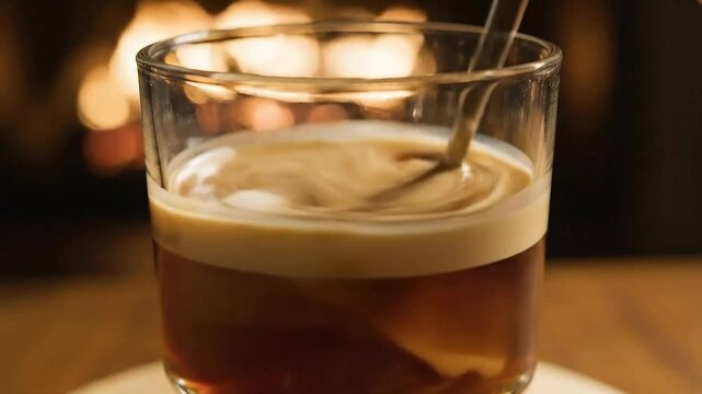 Stirring Cream Into Irish Coffee Against A Warm Fireplace Background
