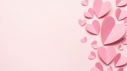 Pink paper hearts on light pink background with space for text.