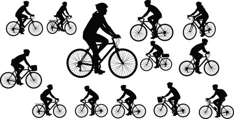 Cyclist silhouette set, riding bike collection, black vector illustration, isolated on white background, sport activity, transportation, active people