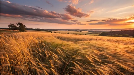 Obraz premium Golden Wheat Field Swaying in the Wind at Sunset