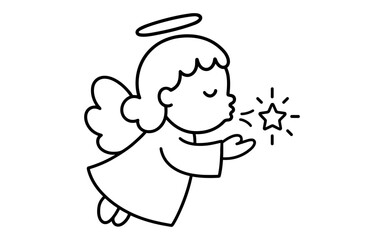 Obraz premium Cute cartoon angel blowing star with halo in line art style
