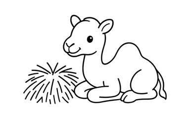 Fototapeta premium Cute baby camel with grass in simple black and white outline art