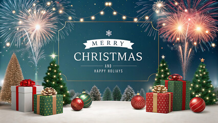 New Year 2026 fireworks with festive sparkle lights combined with elegant red and green Christmas decorations and wrapped gift boxes on clean white layout