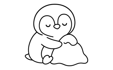 Obraz premium Cute penguin hugging pillow: adorable animal line art for kids coloring