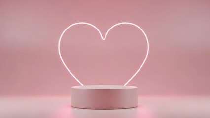 Pink display podium with glowing neon heart on pastel background.