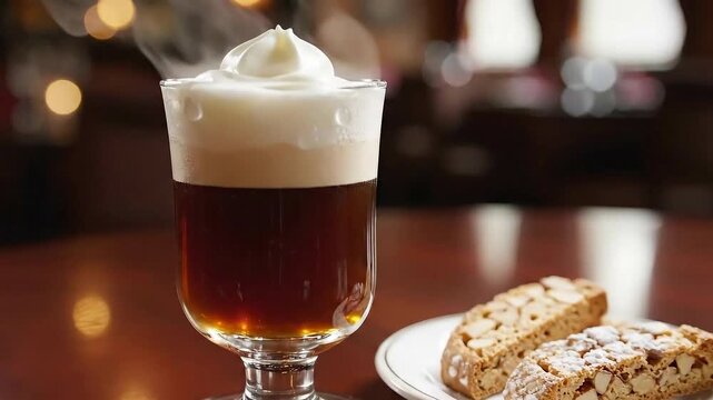 Perfect Irish Coffee Served with Biscotti Cookies in Cozy Cafe
