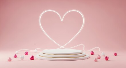 A minimalist podium with a glowing heart neon sign and scattered heartshaped candies on a soft pink background, perfect for valentines day