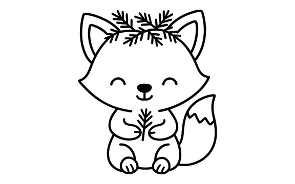 Fototapeta Cute cartoon fox with branch crown and leaf in black and white line art