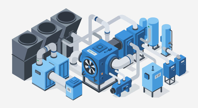 Isometric Industrial HVAC System with Cooling Towers and Ventilation.