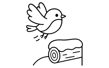 Obraz premium Simple outline of flying bird near forest log in minimalist style