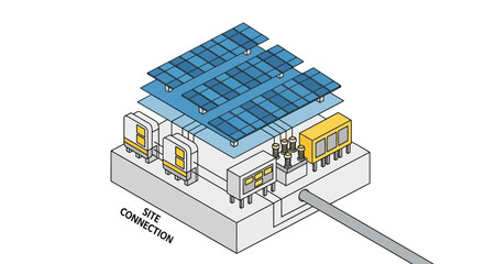 Isometric Solar Panel Array with Inverters and Site Connection.