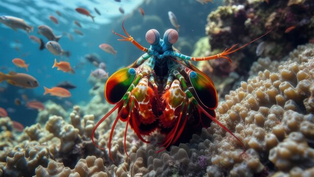 Vibrant mantis shrimp amidst coral reef