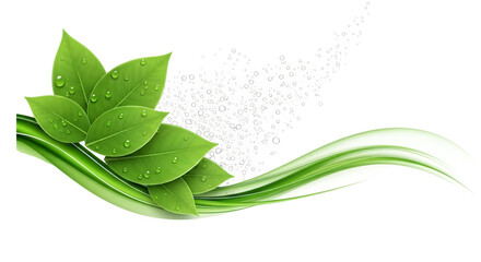 Vibrant green leaves with water droplets forming a flowing, abstract natural border design isolated on transparent background