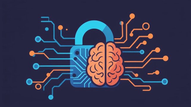 This modern flat vector illustration depicts a secure padlock integrated with a human brain and digital circuits, symbolizing advanced cybersecurity and intellectual property protection.