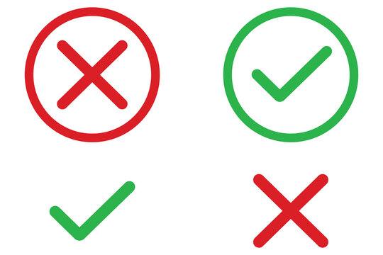 Correct and wrong icons vector signs, flat round buttons. green and red colors tick and cross icons. Vector illustration.