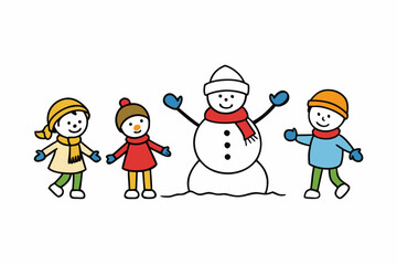 Fototapeta premium Kids playing with snowman vector illustration isolated on white background