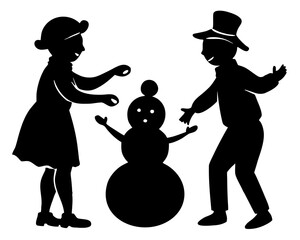 Kids playing with snowman silhouette vector illustration isolated on white background