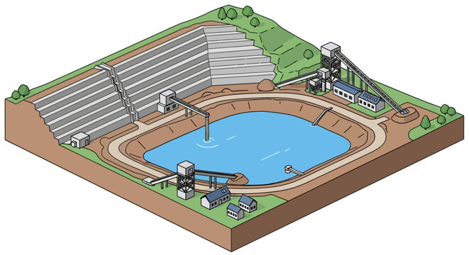 Isometric View of a Mining Operation with Tailings Pond.