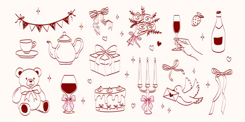 Hand drawn coquette wedding elements. Vintage cute symbols with ribbon and bow in simple crayon sketch style. Trendy art for Valentine day and bachelorette invitations. Festive vector illustration.