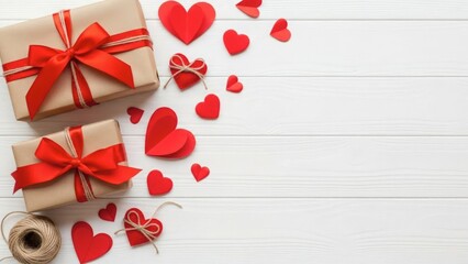Festive gift boxes with red hearts on a white wood background