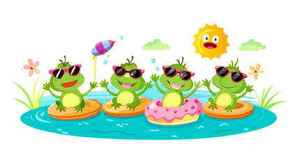 Fototapeta premium A group of funny cartoon frogs wearing sunglasses and swimming in a tiny pond, inflatable donuts, splashes, sunshine, loud and cheerful summer mood