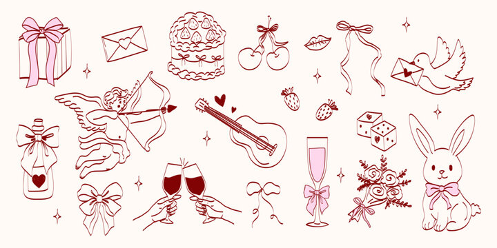 Hand drawn coquette wedding elements. Vintage cute symbols with ribbon and bow in simple crayon sketch style. Trendy art for Valentine day and bachelorette invitations. Festive vector illustration.