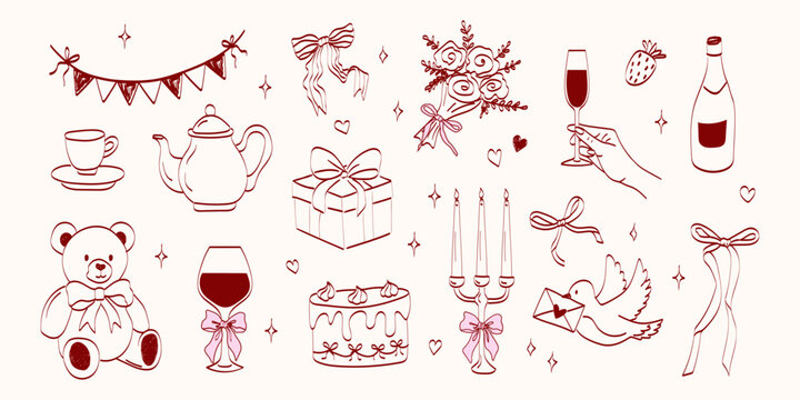 Hand drawn coquette wedding elements. Vintage cute symbols with ribbon and bow in simple crayon sketch style. Trendy art for Valentine day and bachelorette invitations. Festive vector illustration.