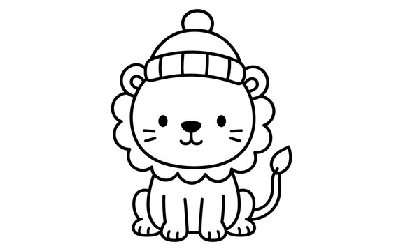 Fototapeta Cute lion wearing a winter hat outline for kids coloring activities
