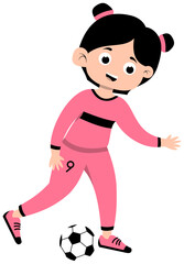 Girl with black pigtails wearing pink long sleeve jersey doing inside foot pass, step 2 soccer illustration. Editable Color Vector