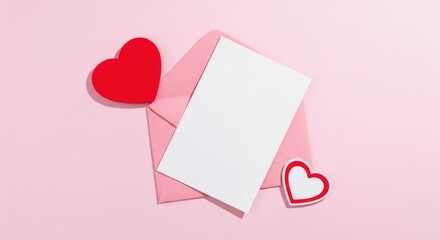 A pink envelope with a blank white card and two red hearts on a pale pink background, top view