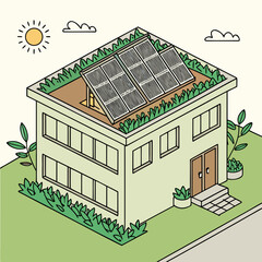 Modern house with solar panels on a green roof surrounded by plants and sunny sky